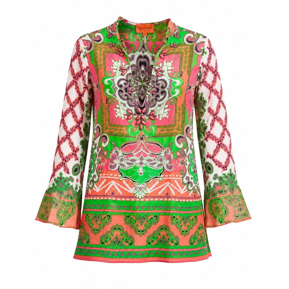 Hale Bob Cabana Tunic Top XS Green Pink Beaded Silk Cotton Beaded Boho Artsy